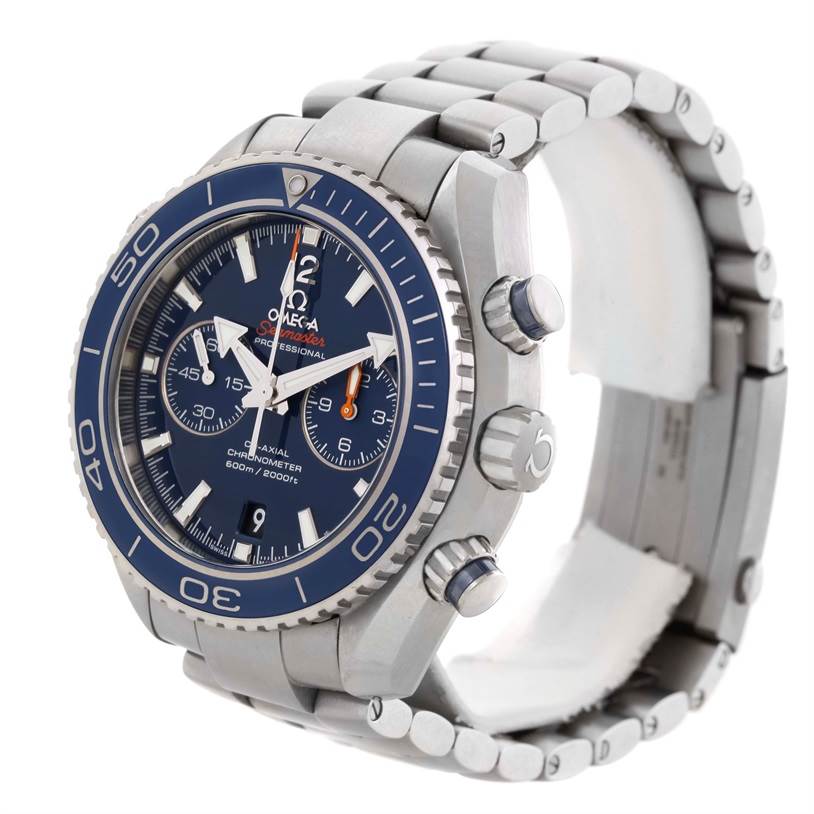 This image shows a front-left angled view of the Omega Planet Ocean 232.90.46.51.03.001 Men
s Titanium Blue Dial 232.90.46.51.03.001 Men
s Titanium Blue Dial watch, highlighting its face, bezel, crown, and chronograph pushers.