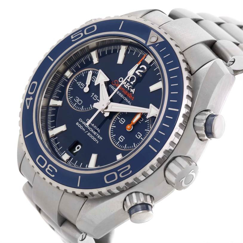 The Omega Planet Ocean 232.90.46.51.03.001 Men
s Titanium Blue Dial 232.90.46.51.03.001 Men
s Titanium Blue Dial watch is shown from an angled front view, displaying its face, bezel, crown, and chronograph pushers.