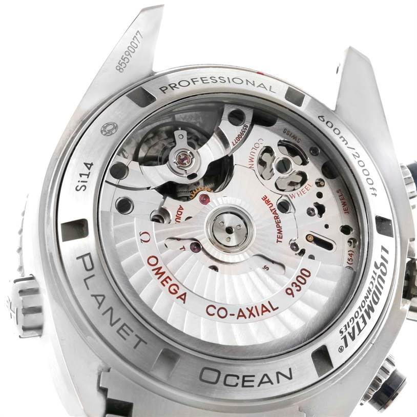 The image shows the case back and intricate movement of the Omega Planet Ocean 232.90.46.51.03.001 Men
s Titanium Blue Dial 232.90.46.51.03.001 Men
s Titanium Blue Dial watch, showcasing the Co-Axial 9300 mechanism.