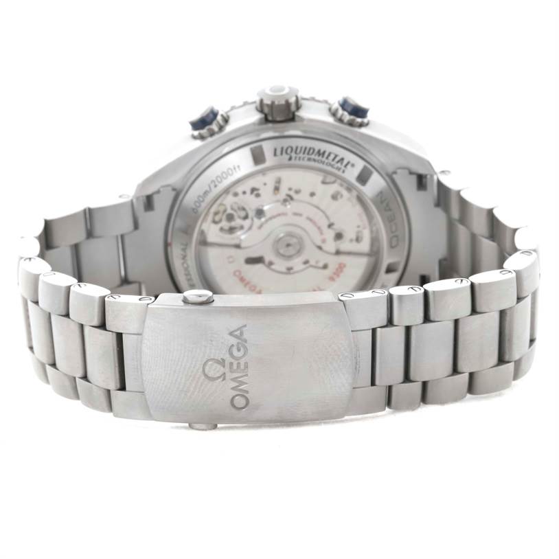 The image shows the back view of the Omega Planet Ocean 232.90.46.51.03.001 Men
s Titanium Blue Dial 232.90.46.51.03.001 Men
s Titanium Blue Dial watch, highlighting its open case back and metal bracelet.