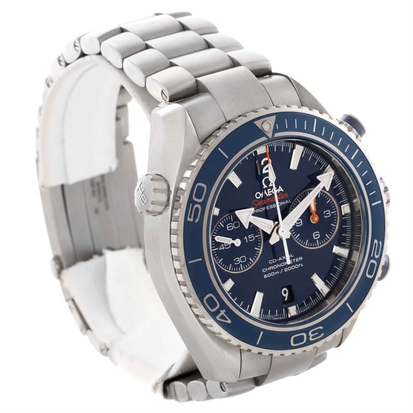 The image shows a side angle of the Omega Planet Ocean 232.90.46.51.03.001 Men
s Titanium Blue Dial 232.90.46.51.03.001 Men
s Titanium Blue Dial watch, displaying the bezel, dial, crown, and bracelet.