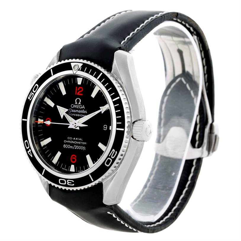 The image shows an angled view of the Omega Planet Ocean 2201.51.00 Men
s Stainless Steel Black Dial 2201.51.00 Men
s Stainless Steel Black Dial watch, highlighting the face, bezel, and leather strap.