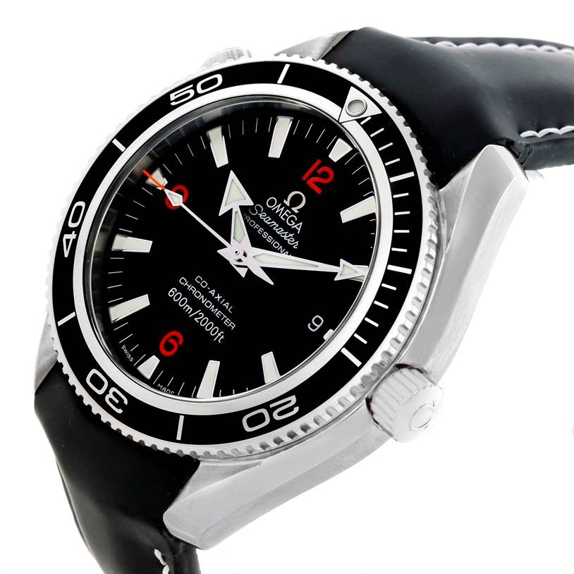 The image shows an Omega Planet Ocean 2201.51.00 Men
s Stainless Steel Black Dial 2201.51.00 Men
s Stainless Steel Black Dial watch at an angled close-up, highlighting the face, bezel, and crown details.