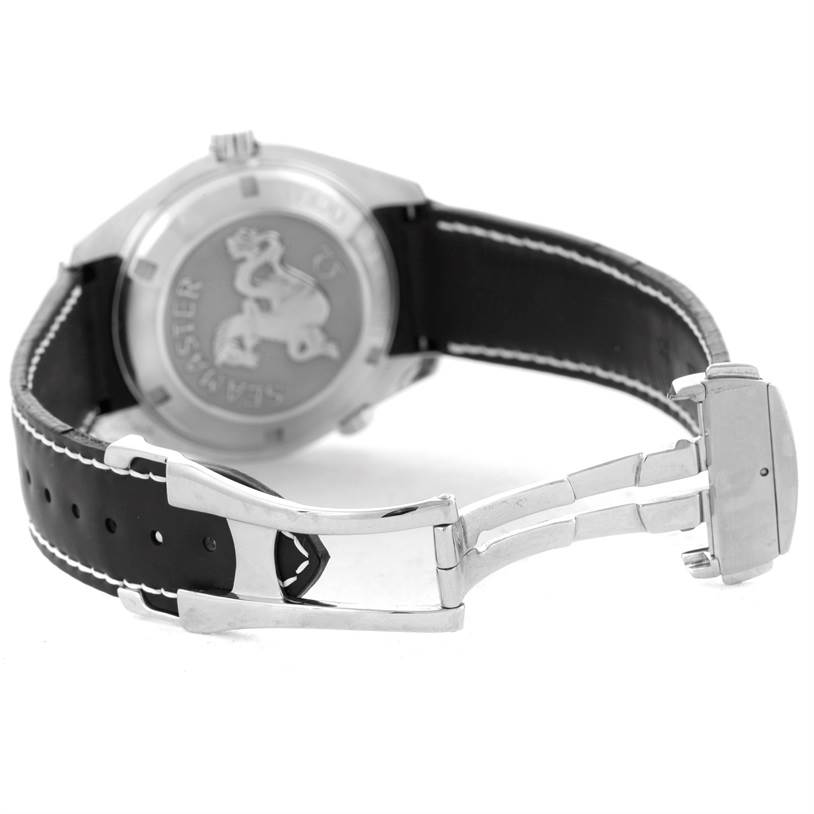 This image shows the back case and clasp of an Omega Planet Ocean 2201.51.00 Men
s Stainless Steel Black Dial 2201.51.00 Men
s Stainless Steel Black Dial watch with a leather strap.