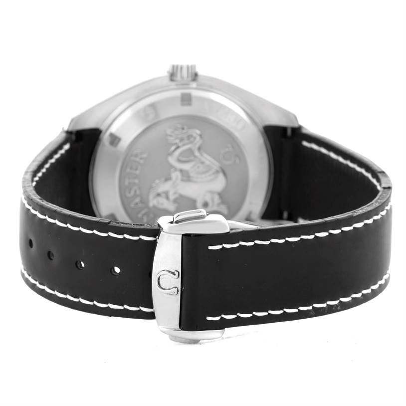 This image shows the Omega Planet Ocean 2201.51.00 Men
s Stainless Steel Black Dial 2201.51.00 Men
s Stainless Steel Black Dial watch from a rear angle, highlighting the case back and clasp of the black strap.