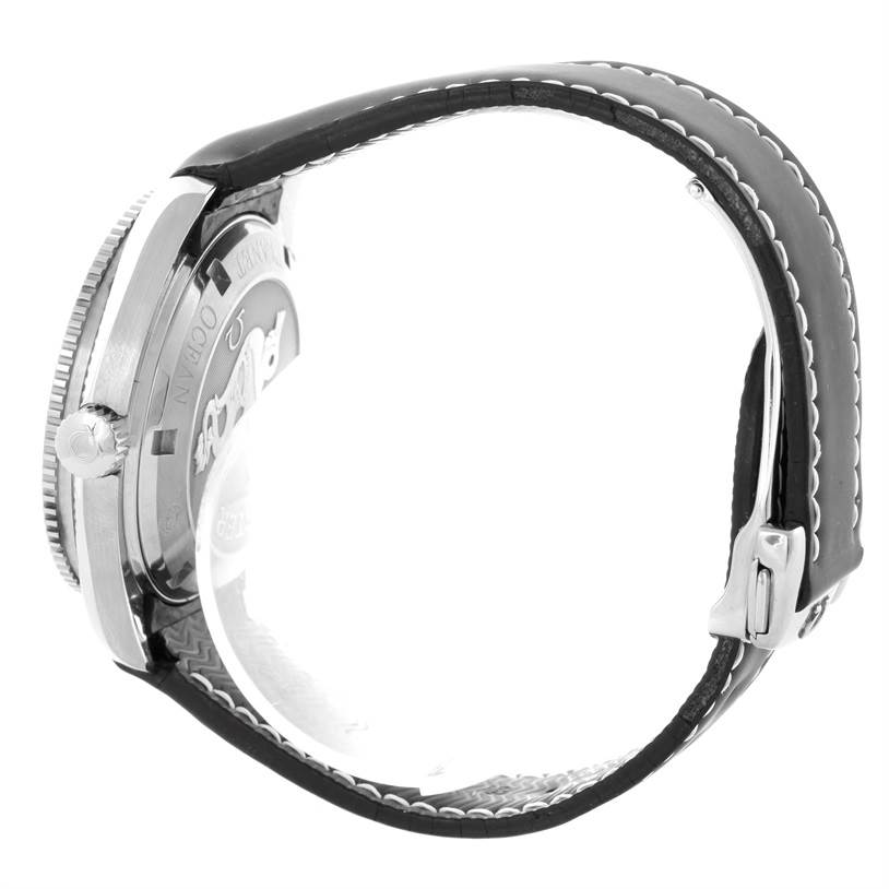 This image shows the side view of an Omega Planet Ocean 2201.51.00 Men
s Stainless Steel Black Dial 2201.51.00 Men
s Stainless Steel Black Dial watch, highlighting the case, crown, and part of the strap with the buckle.