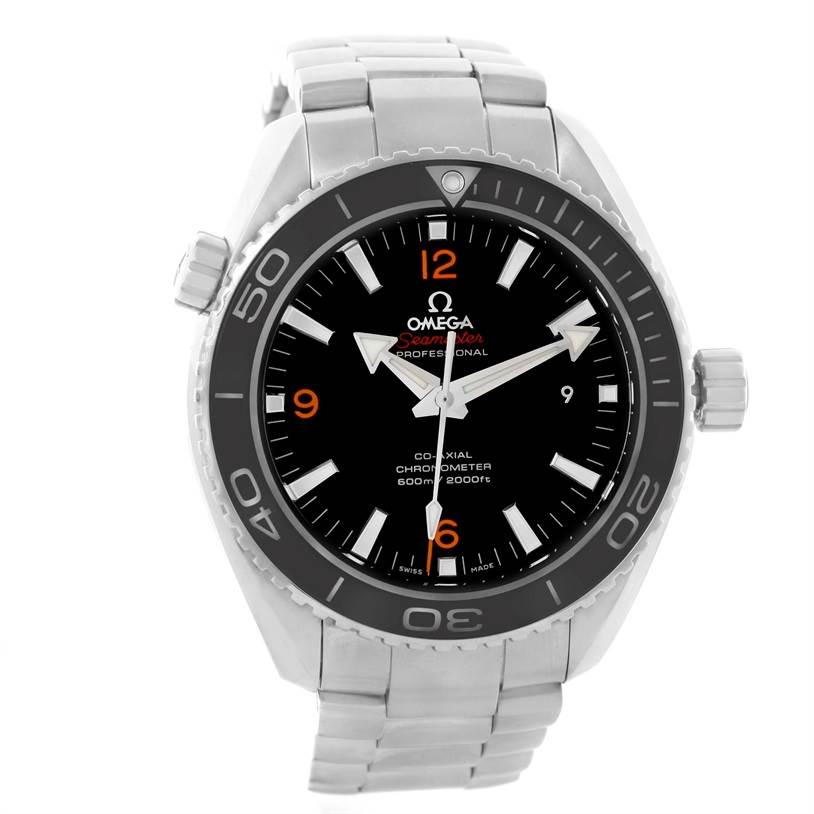 The image shows a front view of the Omega Planet Ocean 232.30.46.21.01.003 Men's Stainless Steel Black Dial 232.30.46.21.01.003 Men's Stainless Steel Black Dial watch, highlighting the dial, bezel, crown, and stainless steel bracelet.