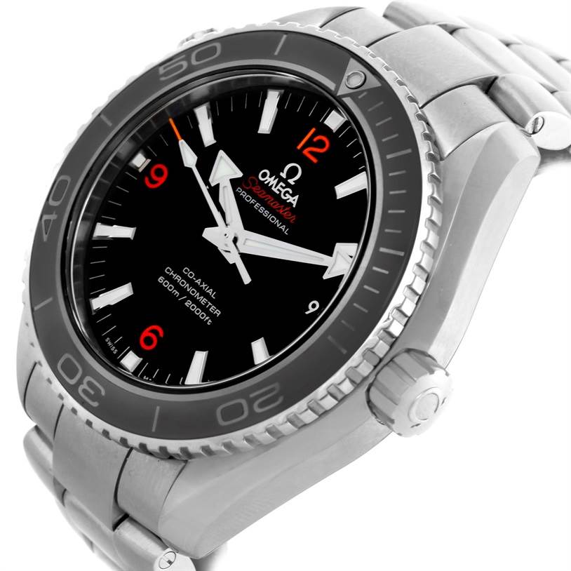 The image shows an angle emphasizing the face, bezel, and bracelet of the Omega Planet Ocean 232.30.46.21.01.003 Men's Stainless Steel Black Dial 232.30.46.21.01.003 Men's Stainless Steel Black Dial watch model.