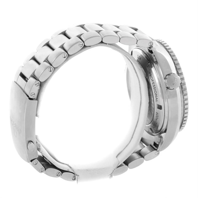 The image shows a side angle of the Omega Planet Ocean 232.30.46.21.01.003 Men's Stainless Steel Black Dial 232.30.46.21.01.003 Men's Stainless Steel Black Dial watch focusing on its bracelet and case back.