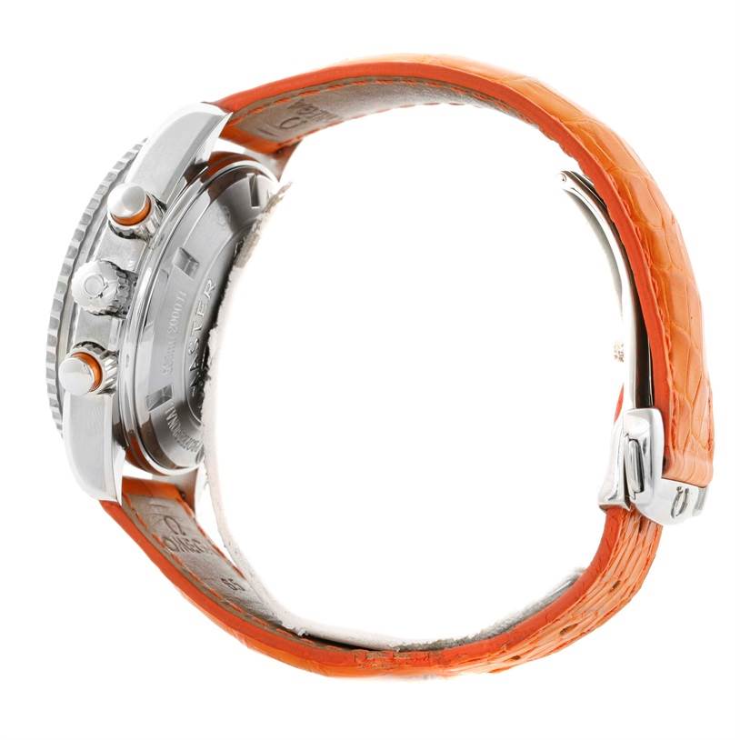 The image shows a side profile of the Omega Planet Ocean 2918.50.38 Men
s Stainless Steel Black Dial 2918.50.38 Men
s Stainless Steel Black Dial watch, highlighting its orange strap, case, and side buttons.