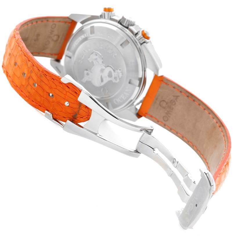 The image shows the back case and clasp of an Omega Planet Ocean 2918.50.38 Men
s Stainless Steel Black Dial 2918.50.38 Men
s Stainless Steel Black Dial watch with an orange strap.