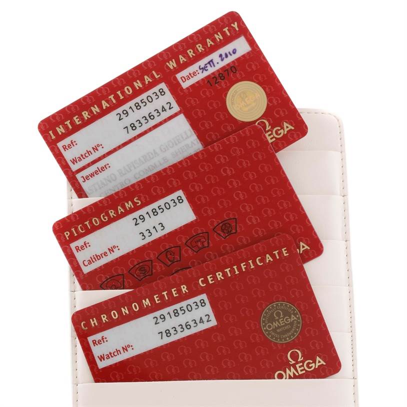 The image shows three Omega warranty and certification cards, likely for the Planet Ocean model, in a cardholder.