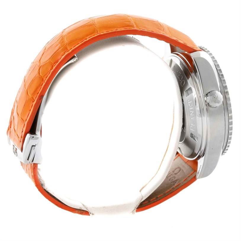 This image shows a side view of the Omega Planet Ocean 2918.50.38 Men
s Stainless Steel Black Dial 2918.50.38 Men
s Stainless Steel Black Dial watch with an orange leather strap.