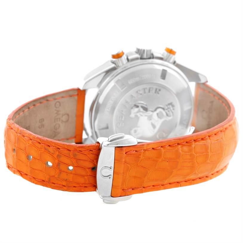 The image shows the back case and clasp of an Omega Planet Ocean 2918.50.38 Men
s Stainless Steel Black Dial 2918.50.38 Men
s Stainless Steel Black Dial watch with an orange leather strap.