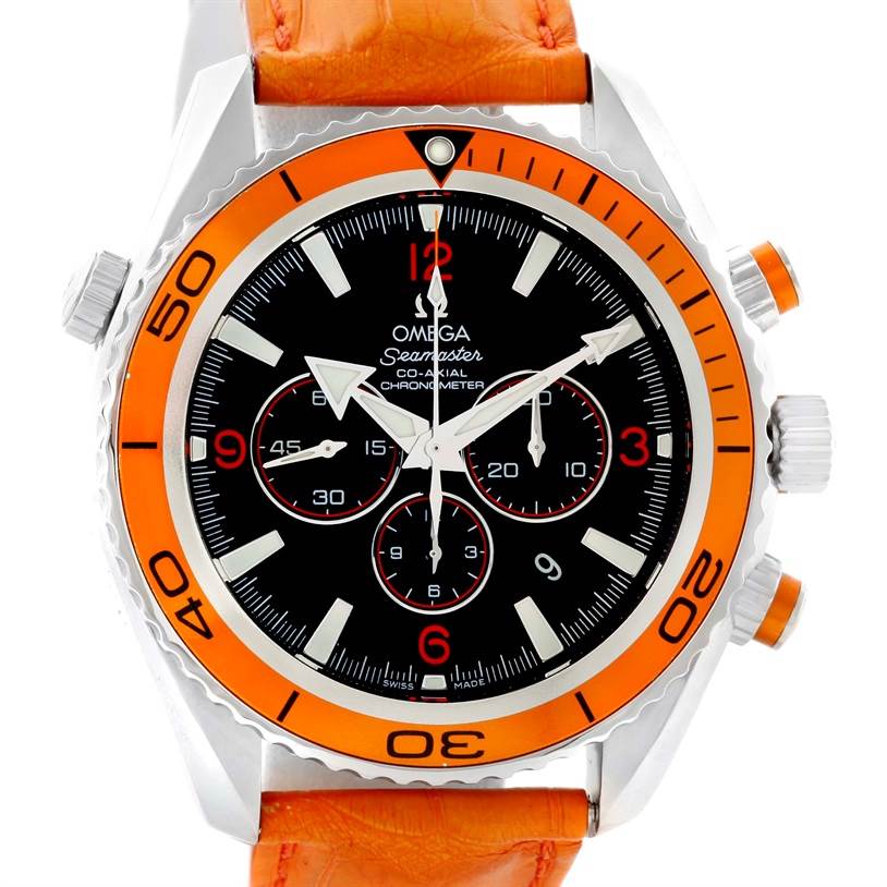 The image shows a front view of the Omega Planet Ocean 2918.50.38 Men
s Stainless Steel Black Dial 2918.50.38 Men
s Stainless Steel Black Dial watch, showcasing its orange bezel, black dial, and orange leather strap.