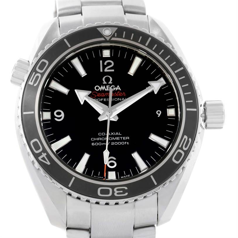 The image shows a front view of the Omega Planet Ocean 232.30.42.21.01.001 Men
s Stainless Steel Black Dial 232.30.42.21.01.001 Men
s Stainless Steel Black Dial Seamaster watch with a black dial, silver bezel, and stainless steel bracelet.