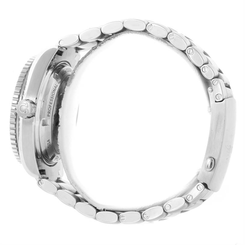 The image shows a side view of an Omega Planet Ocean 232.30.42.21.01.001 Men
s Stainless Steel Black Dial 232.30.42.21.01.001 Men
s Stainless Steel Black Dial watch, highlighting its bracelet and crown.