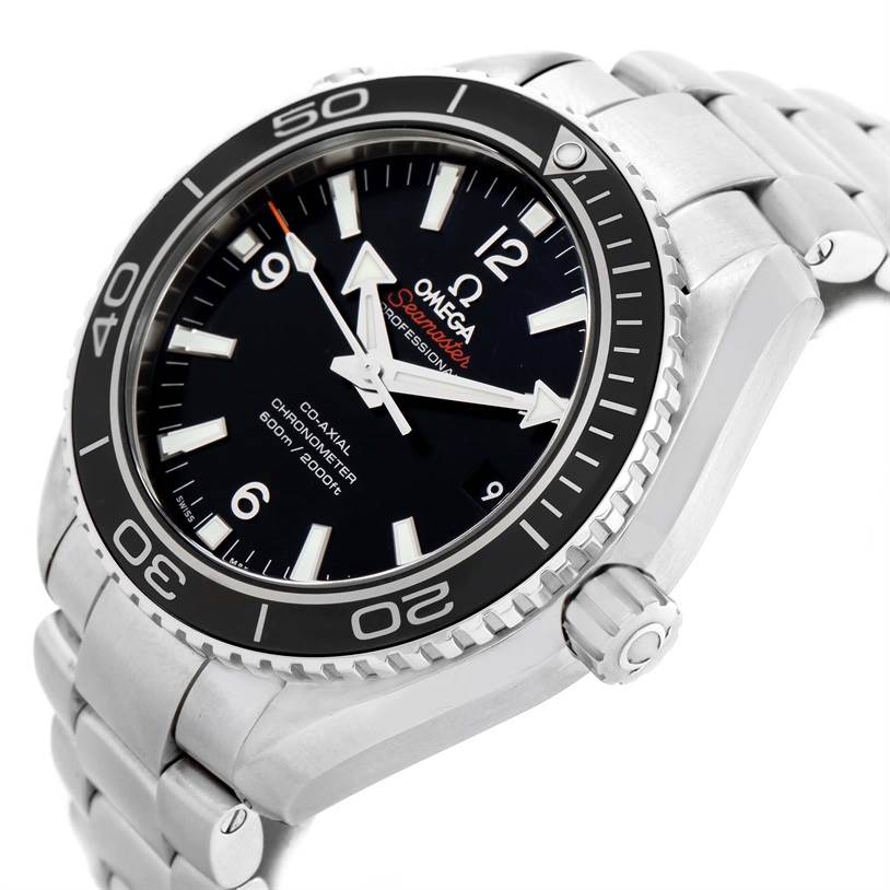 This is an angled view of the Omega Planet Ocean 232.30.42.21.01.001 Men
s Stainless Steel Black Dial 232.30.42.21.01.001 Men
s Stainless Steel Black Dial watch, showing its black dial, bezel, crown, and stainless steel bracelet.