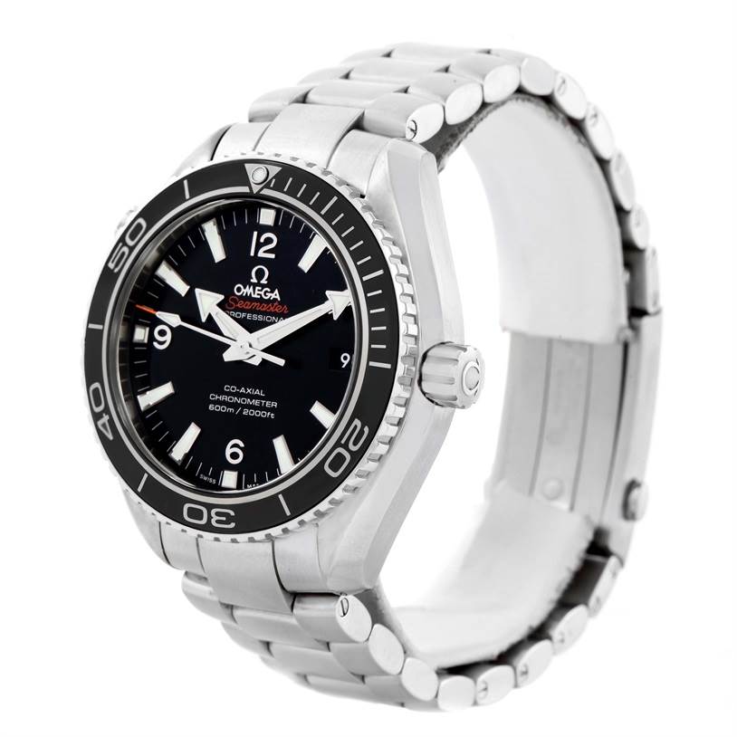 The Omega Planet Ocean 232.30.42.21.01.001 Men
s Stainless Steel Black Dial 232.30.42.21.01.001 Men
s Stainless Steel Black Dial watch is shown at an angle showcasing the dial, bezel, crown, and bracelet.