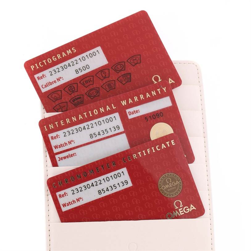 The image shows Pictogram, International Warranty, and Chronometer Certificate cards for the Omega Planet Ocean 232.30.42.21.01.001 Men
s Stainless Steel Black Dial 232.30.42.21.01.001 Men
s Stainless Steel Black Dial model.