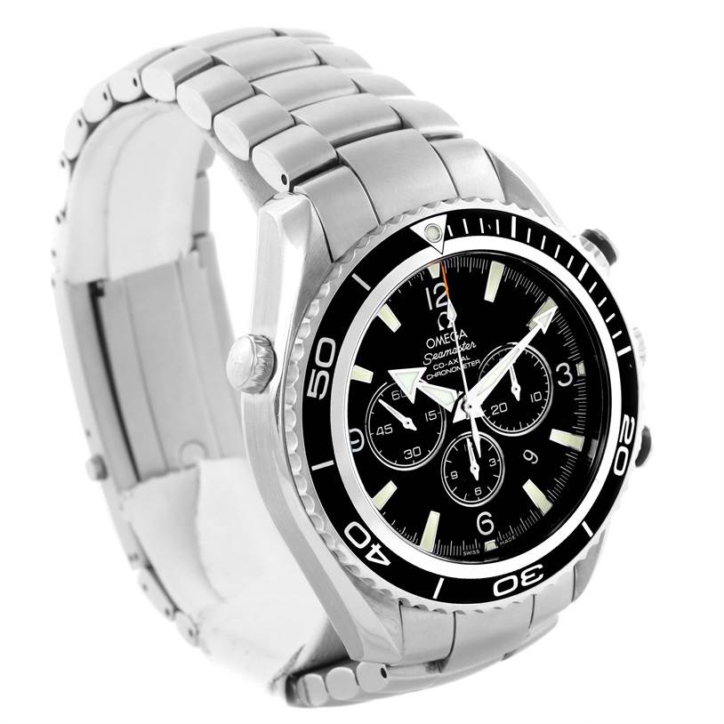 The image shows a side view of the Omega Planet Ocean 2210.50.00 Men
s Stainless Steel Black Dial 2210.50.00 Men
s Stainless Steel Black Dial watch, highlighting the face, bezel, and bracelet.