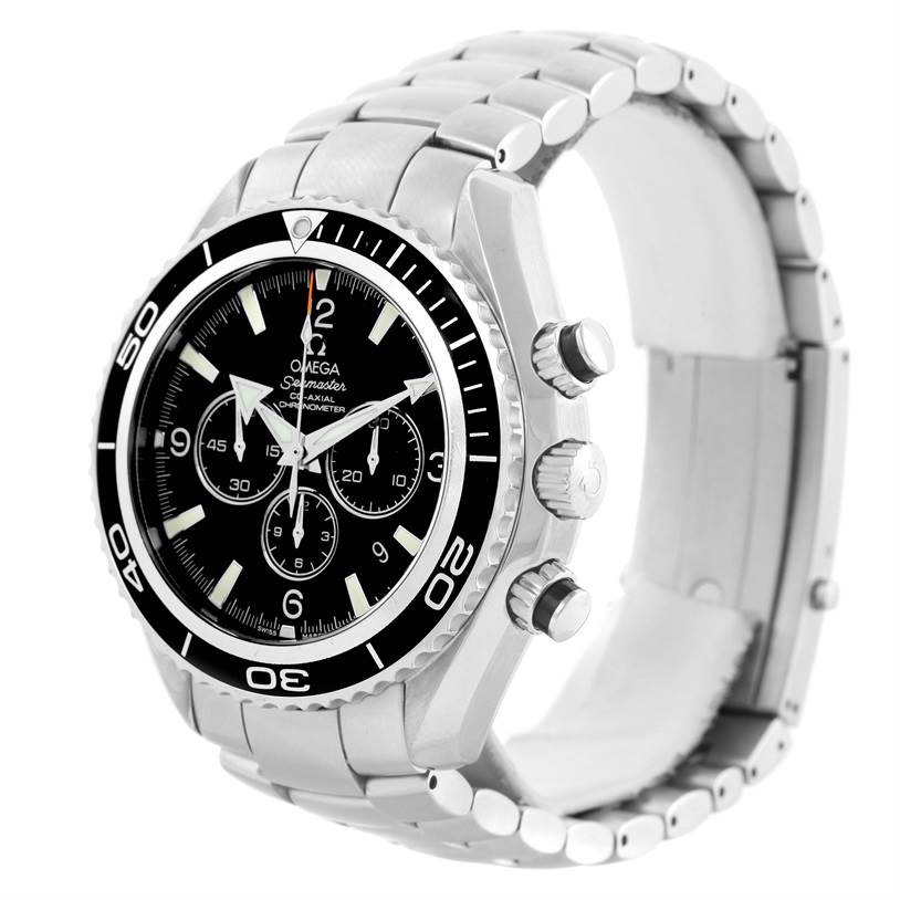 The Omega Planet Ocean 2210.50.00 Men
s Stainless Steel Black Dial 2210.50.00 Men
s Stainless Steel Black Dial watch is shown at a three-quarter angle, highlighting the face, bezel, bracelet, and side pushers.