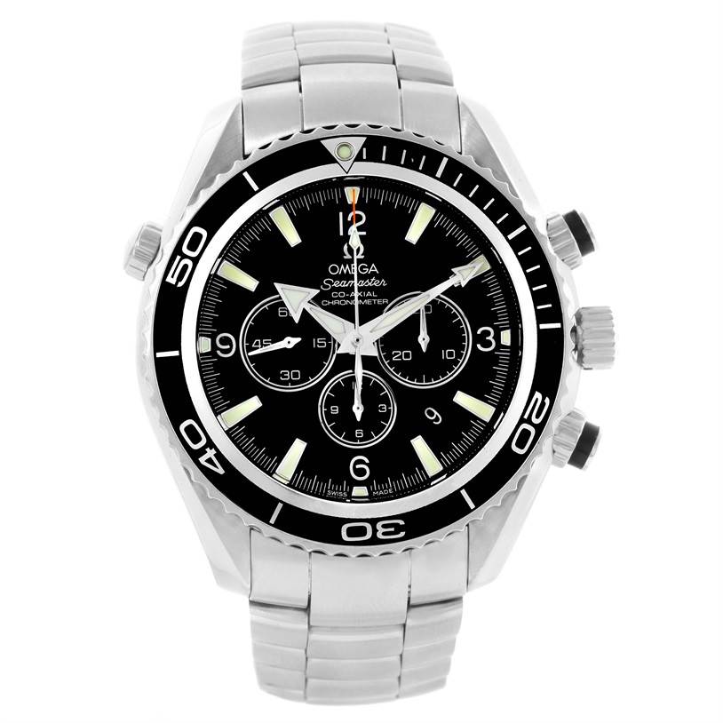 The image shows a front view of the Omega Planet Ocean 2210.50.00 Men
s Stainless Steel Black Dial 2210.50.00 Men
s Stainless Steel Black Dial watch, displaying its face, bezel, and bracelet.