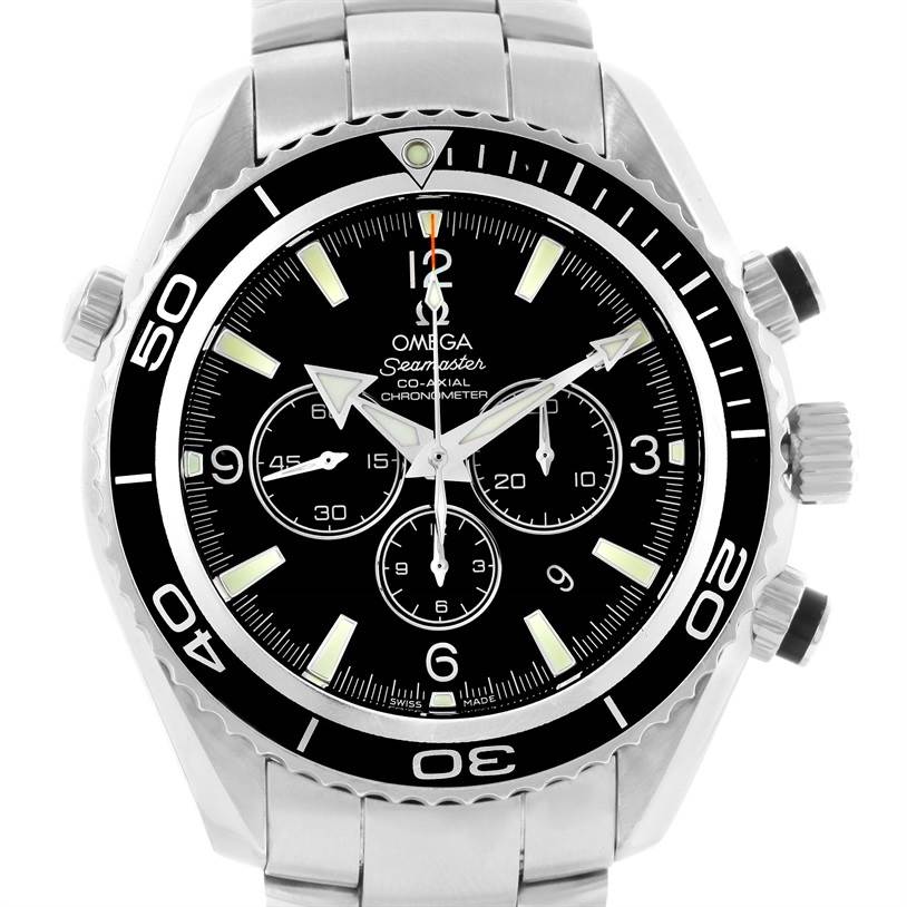 The image shows a front view of the Omega Planet Ocean 2210.50.00 Men
s Stainless Steel Black Dial 2210.50.00 Men
s Stainless Steel Black Dial watch, displaying its black dial, bezel, and chronograph subdials.