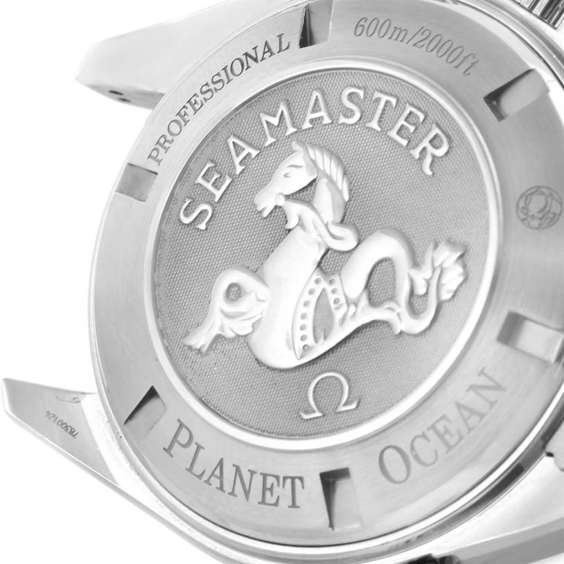 This image shows the back case of the Omega Planet Ocean 2210.50.00 Men
s Stainless Steel Black Dial 2210.50.00 Men
s Stainless Steel Black Dial Seamaster watch, highlighting the engraving details and water resistance.
