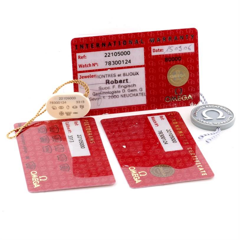 The image shows Omega warranty cards, a Pictograms card, a Chronometer Certificate, and tags for the Planet Ocean model by Omega.