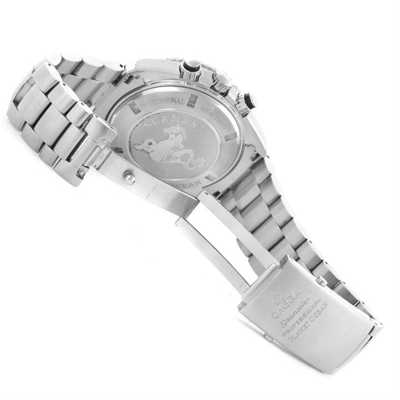 The image shows the back and clasp of the Omega Planet Ocean 2210.50.00 Men
s Stainless Steel Black Dial 2210.50.00 Men
s Stainless Steel Black Dial watch, featuring the case back engraving and metal bracelet.