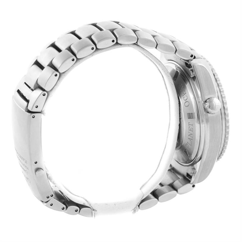 The image shows a side view of the Omega Planet Ocean 2210.50.00 Men
s Stainless Steel Black Dial 2210.50.00 Men
s Stainless Steel Black Dial watch, focusing on the bracelet, case, and crown.