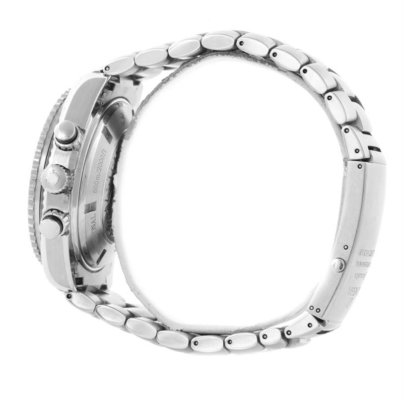 The image shows a side view of the Omega Planet Ocean 2210.50.00 Men
s Stainless Steel Black Dial 2210.50.00 Men
s Stainless Steel Black Dial watch, highlighting its stainless steel bracelet and case.