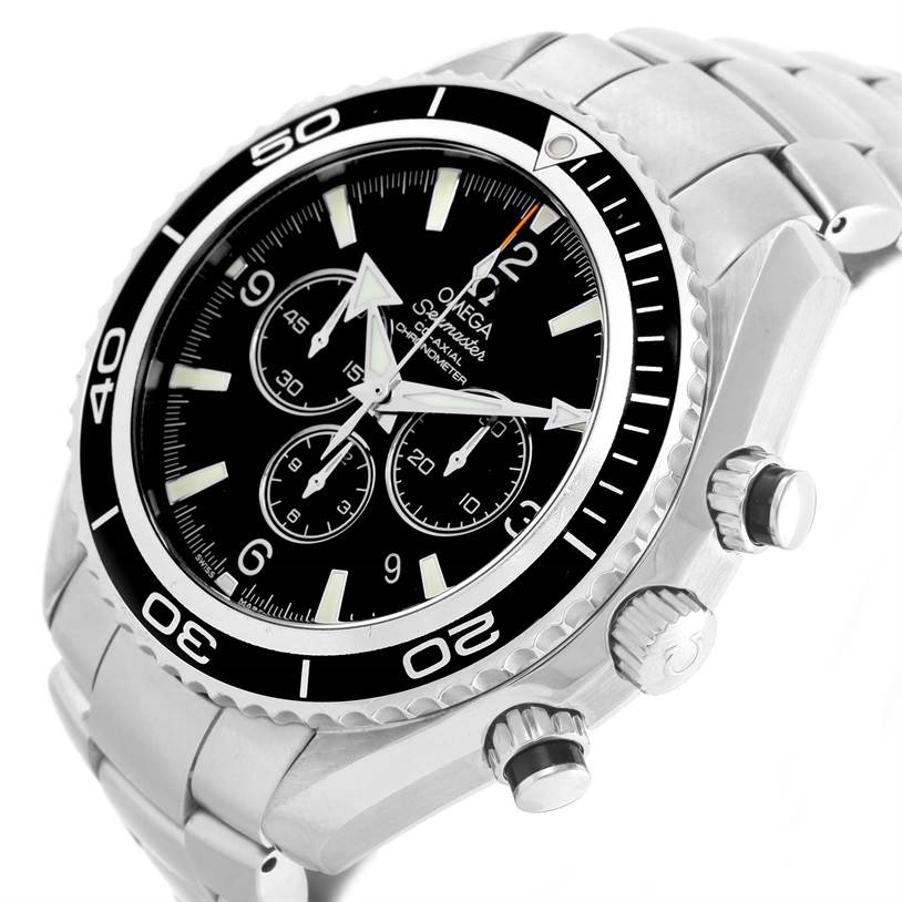 The Omega Planet Ocean 2210.50.00 Men
s Stainless Steel Black Dial 2210.50.00 Men
s Stainless Steel Black Dial model watch is shown at a three-quarter angle, focusing on the dial, bezel, crown, and bracelet.