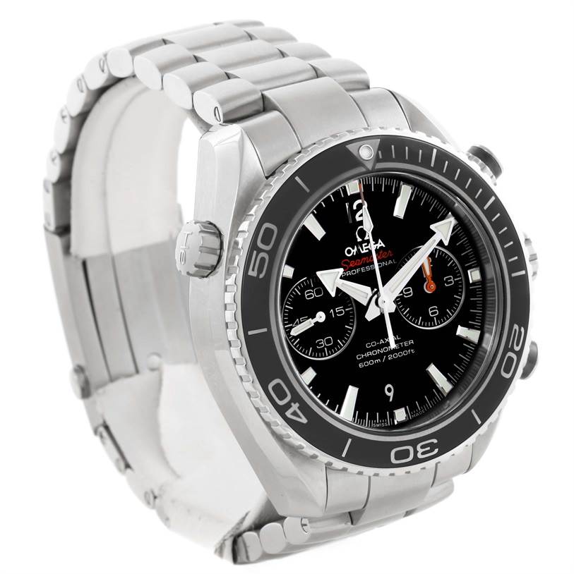 The image shows an angled view of an Omega Planet Ocean 232.30.46.51.01.001 Men
s Stainless Steel Black Dial 232.30.46.51.01.001 Men
s Stainless Steel Black Dial watch, highlighting its metal bracelet, bezel, and chronograph dial.