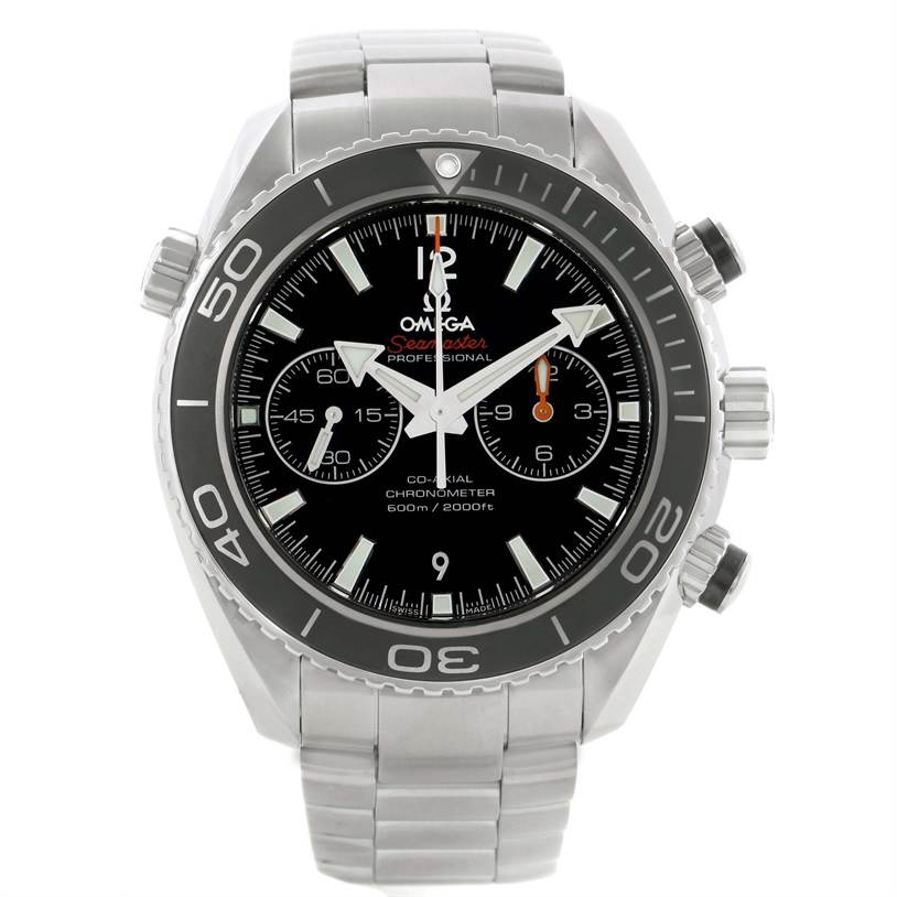 This image shows a frontal view of the Omega Planet Ocean 232.30.46.51.01.001 Men
s Stainless Steel Black Dial 232.30.46.51.01.001 Men
s Stainless Steel Black Dial model, highlighting the dial, bezel, and bracelet.