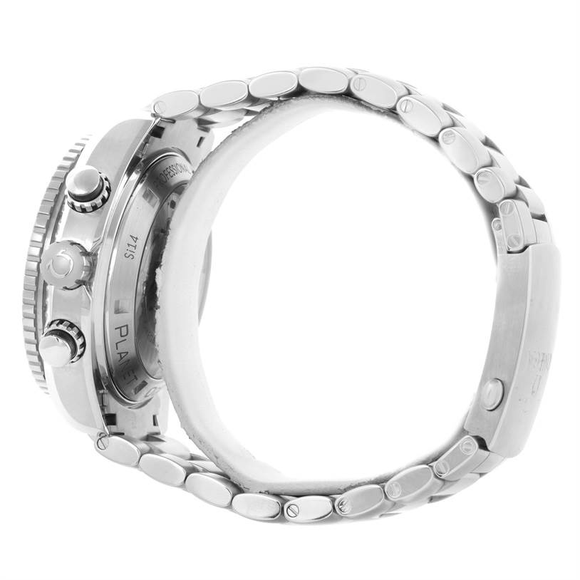 The Omega Planet Ocean 232.30.46.51.01.001 Men
s Stainless Steel Black Dial 232.30.46.51.01.001 Men
s Stainless Steel Black Dial watch is viewed from the side, showing its bezel, crown, and part of the bracelet.