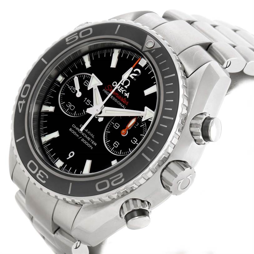 The Omega Planet Ocean 232.30.46.51.01.001 Men
s Stainless Steel Black Dial 232.30.46.51.01.001 Men
s Stainless Steel Black Dial watch is shown at an angled close-up, highlighting the bezel, dial, chronograph sub-dials, and stainless steel bracelet.