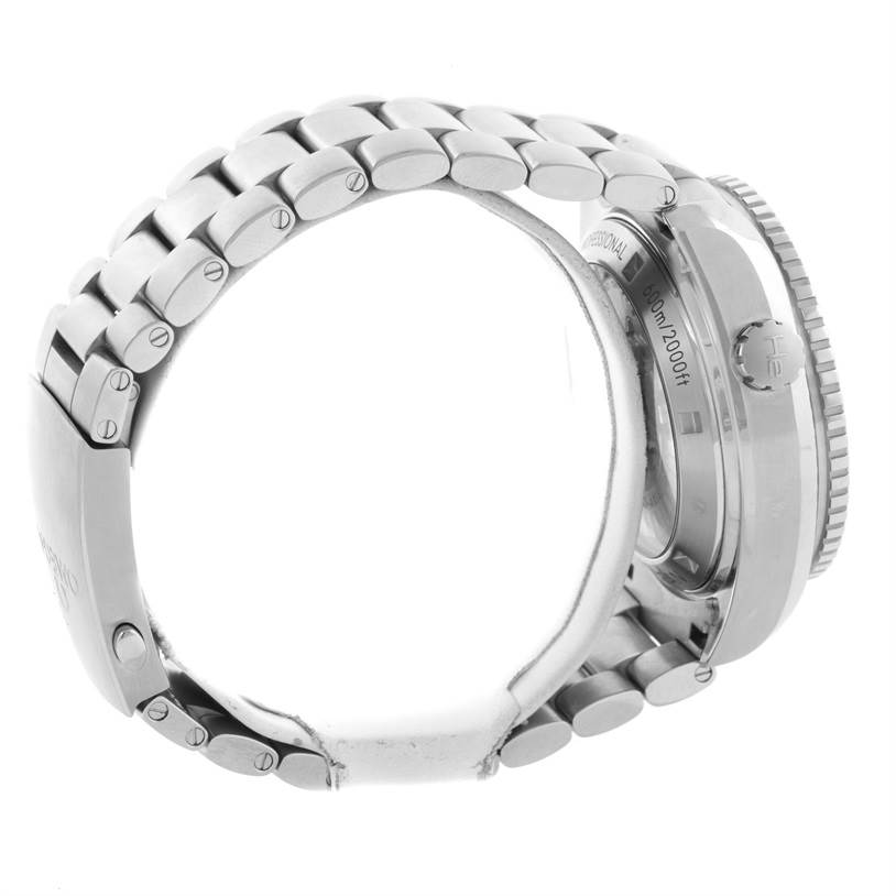 This image shows a side view of the Omega Planet Ocean 232.30.46.51.01.001 Men
s Stainless Steel Black Dial 232.30.46.51.01.001 Men
s Stainless Steel Black Dial watch, highlighting its metallic bracelet, crown, and case back.