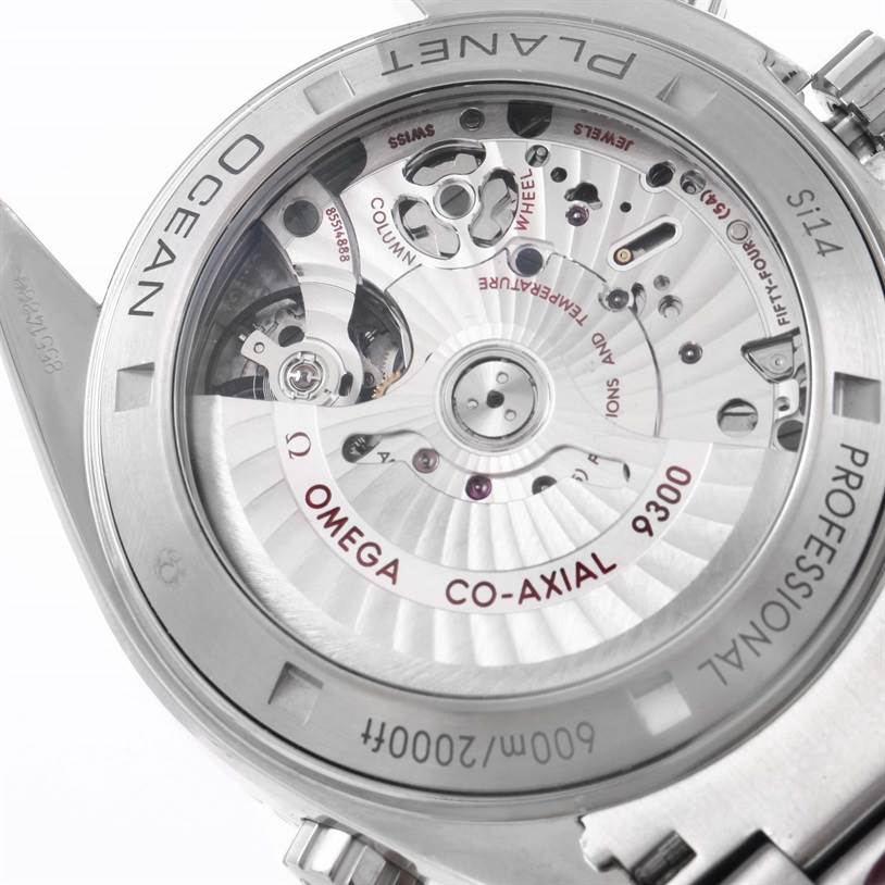 This image shows the back view of the Planet Ocean Omega watch, highlighting its Co-Axial 9300 movement.
