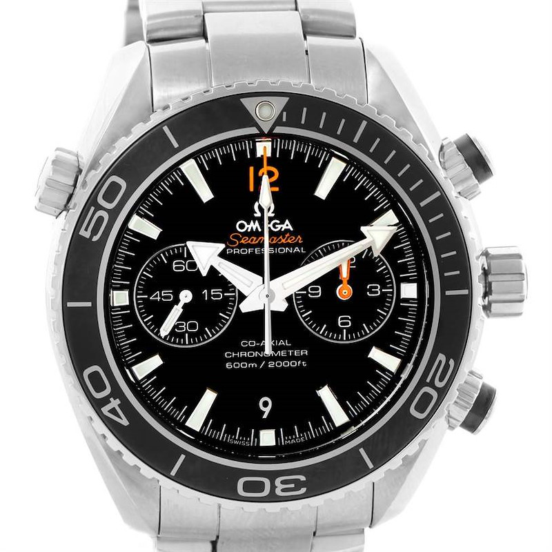 This image shows a front view of the Omega Planet Ocean Seamaster Professional watch, highlighting its face and bezel.