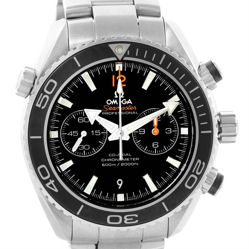 This image shows a front view of the Omega Planet Ocean 232.30.46.51.01.003 Men
s Stainless Steel Black Dial 232.30.46.51.01.003 Men
s Stainless Steel Black Dial Seamaster Professional watch, highlighting its face and bezel.