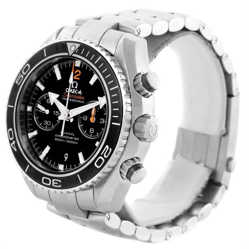 The image shows an Omega Planet Ocean 232.30.46.51.01.003 Men
s Stainless Steel Black Dial 232.30.46.51.01.003 Men
s Stainless Steel Black Dial watch angled to highlight the face, bezel, and side buttons.