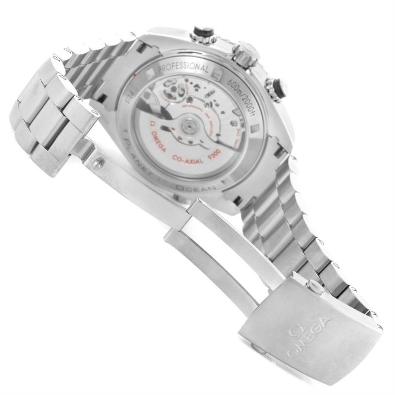 The image shows the back view and bracelet of the Omega Planet Ocean 232.30.46.51.01.003 Men
s Stainless Steel Black Dial 232.30.46.51.01.003 Men
s Stainless Steel Black Dial watch, highlighting the case back and clasp.