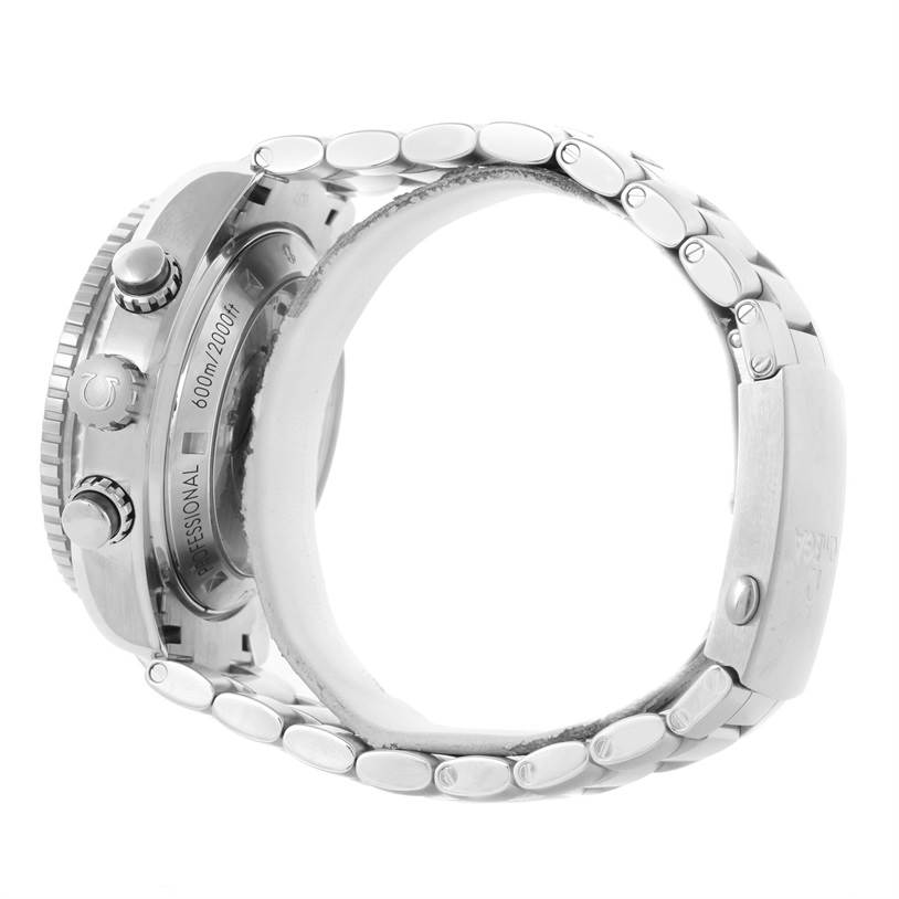 The image shows a side profile of the Omega Planet Ocean 232.30.46.51.01.003 Men
s Stainless Steel Black Dial 232.30.46.51.01.003 Men
s Stainless Steel Black Dial watch, highlighting the side case, crown, and stainless steel bracelet.