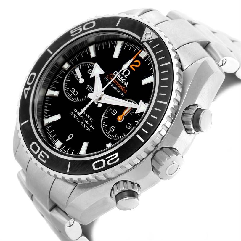 The image shows the Omega Planet Ocean 232.30.46.51.01.003 Men
s Stainless Steel Black Dial 232.30.46.51.01.003 Men
s Stainless Steel Black Dial watch at an oblique angle, highlighting the dial, bezel, crown, and pushers.