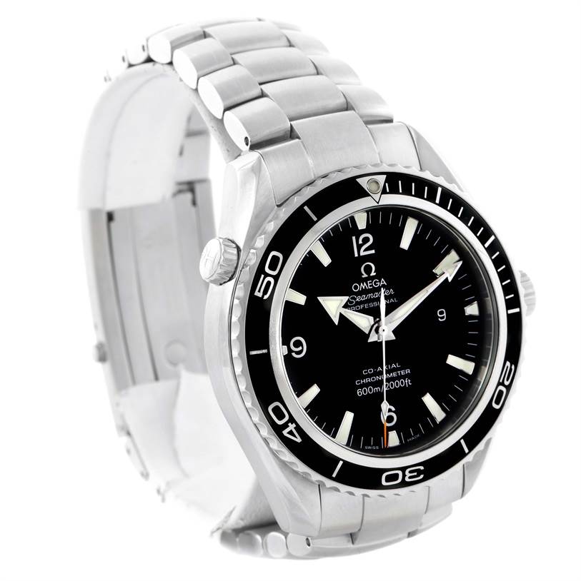 The image shows an angled view of the Omega Planet Ocean 2200.50.00 Men
s Stainless Steel Black Dial 2200.50.00 Men
s Stainless Steel Black Dial watch, highlighting the dial, bezel, crown, and stainless steel bracelet.