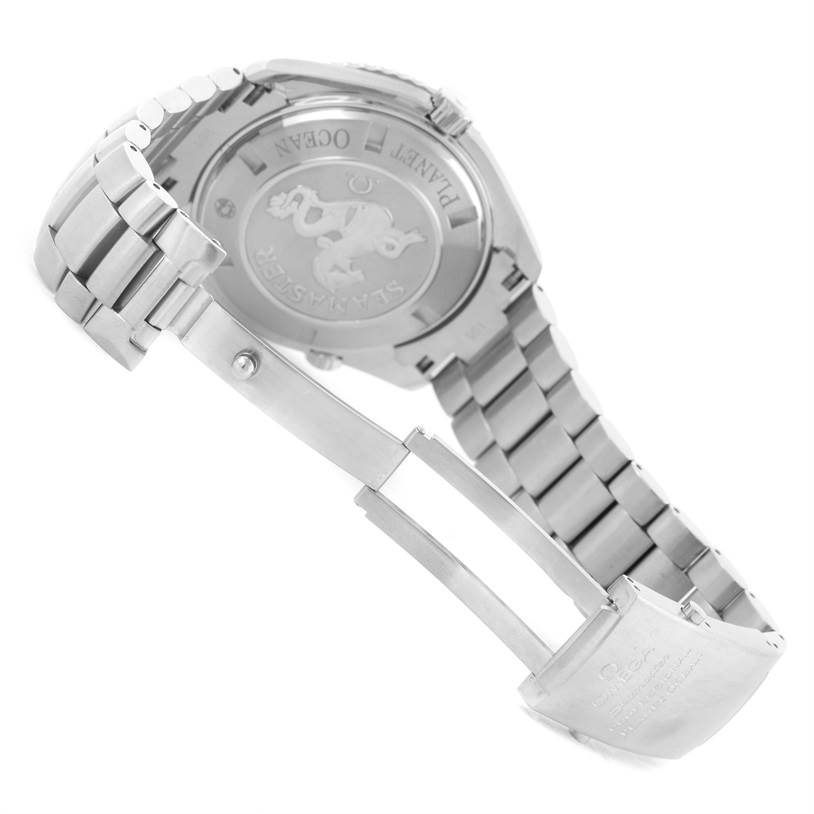 This image shows the back case and clasp of an Omega Planet Ocean 2200.50.00 Men
s Stainless Steel Black Dial 2200.50.00 Men
s Stainless Steel Black Dial watch, with the bracelet partially open.