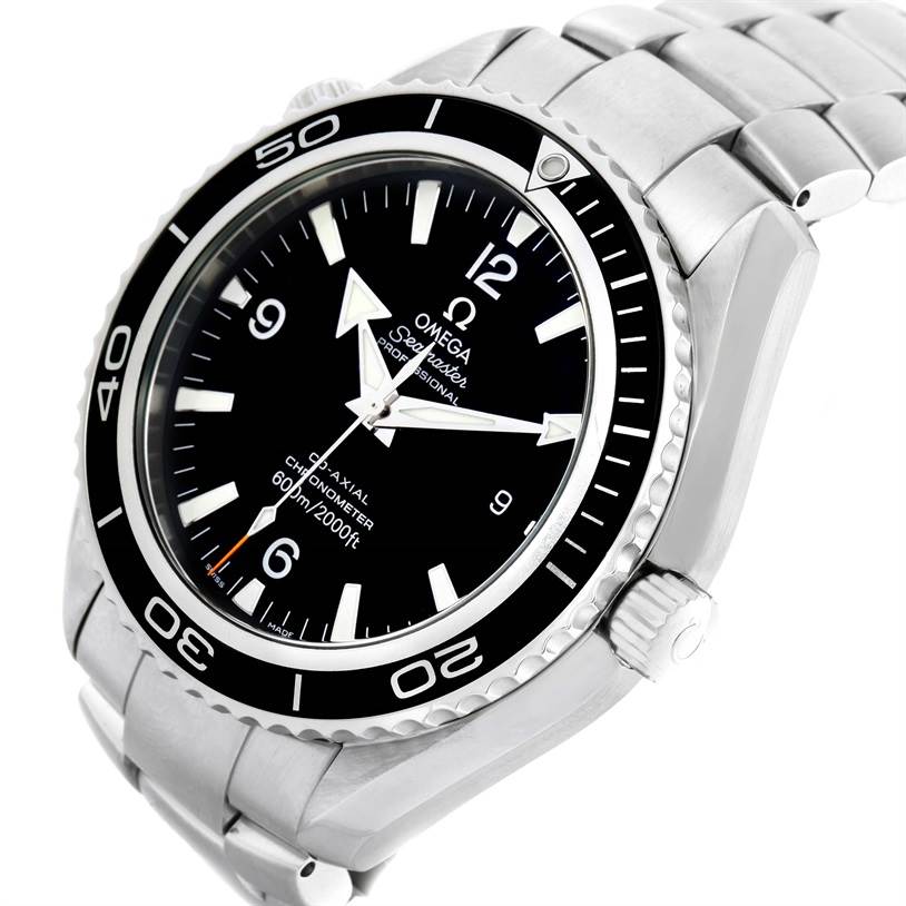 The image shows a close-up angled view of the Omega Planet Ocean 2200.50.00 Men
s Stainless Steel Black Dial 2200.50.00 Men
s Stainless Steel Black Dial watch, highlighting the dial, bezel, and bracelet.