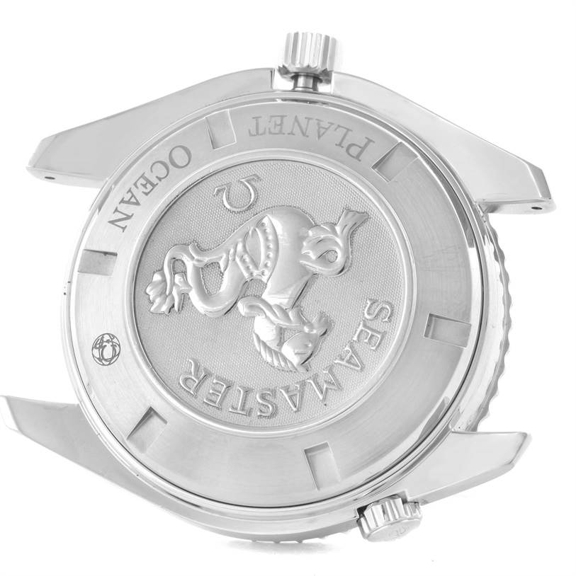 The image of the Omega Planet Ocean 2200.50.00 Men
s Stainless Steel Black Dial 2200.50.00 Men
s Stainless Steel Black Dial watch shows the back case with the "Seamaster" engraving and crown from a rear angle.